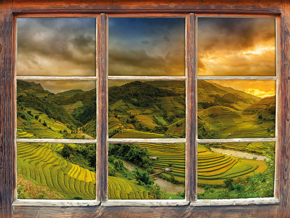 eine Berg Farm in Asien  3D Wandtattoo Fenster