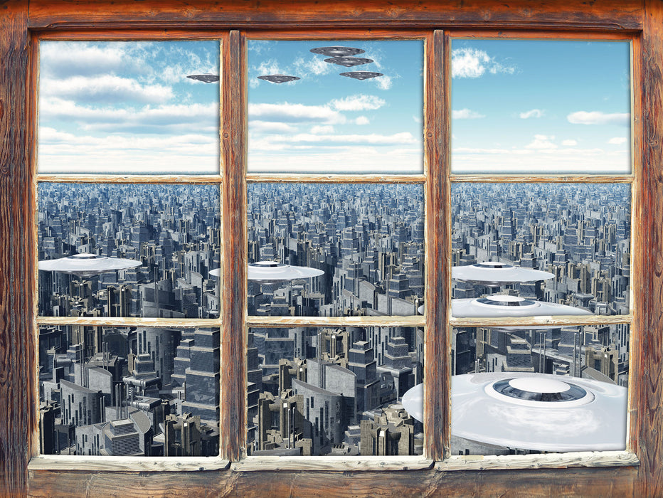 Ufo´s über der Stadt  3D Wandtattoo Fenster