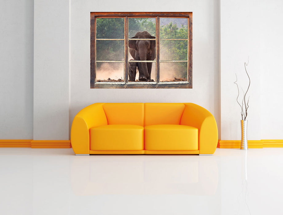 Elefantenbaby mit Mutter 3D Wandtattoo Fenster Wand
