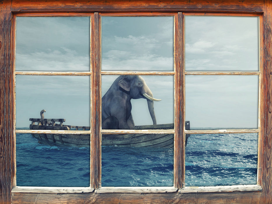 lustig sitzender Elefant im Boot 3D Wandtattoo Fenster