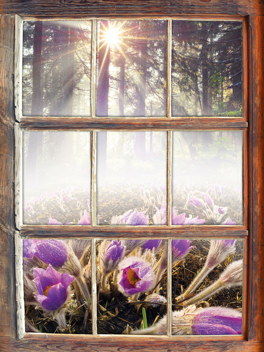 lila Blumen im Wald  3D Wandtattoo Fenster