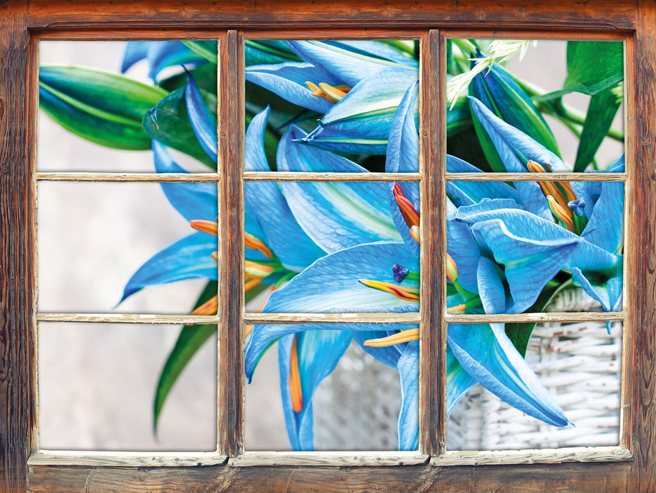 schöne blaue Blumen im Körbchen  3D Wandtattoo Fenster