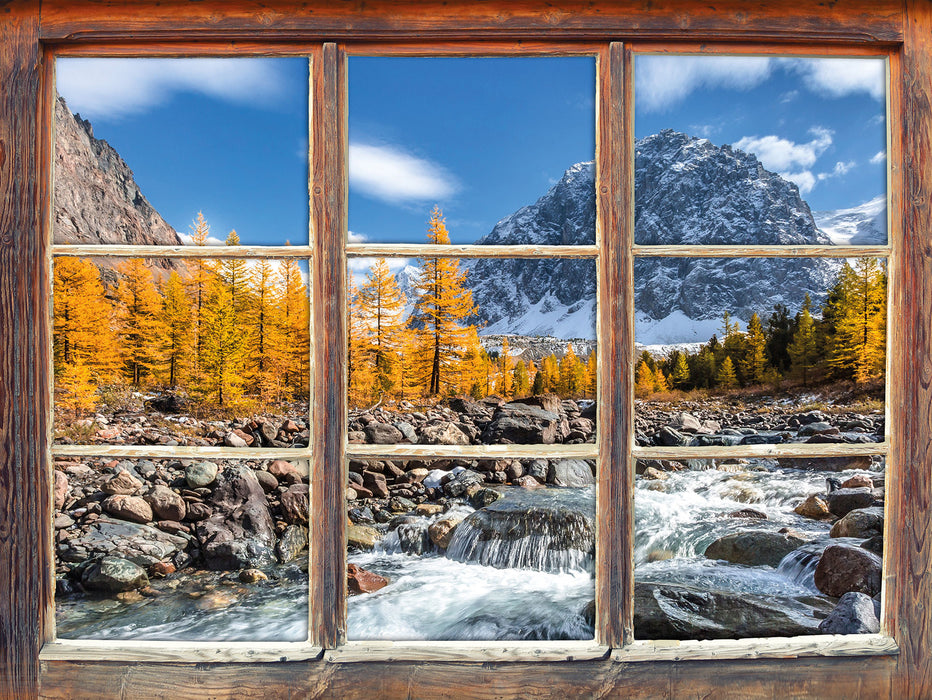 kleiner Fluss im Gebirge  3D Wandtattoo Fenster