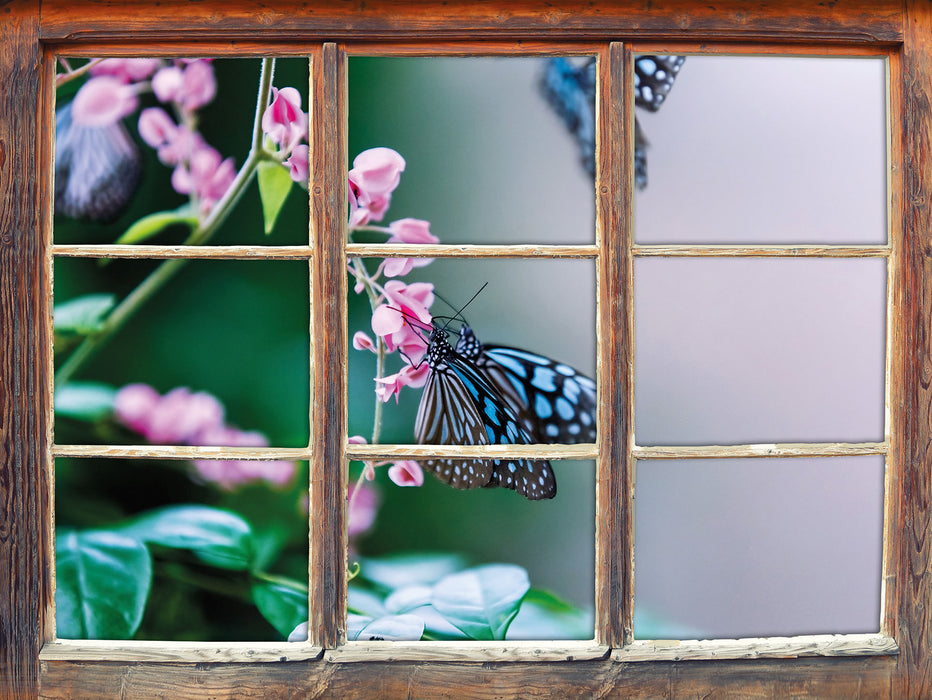 Schmetterlinge auf rosa Blumen  3D Wandtattoo Fenster