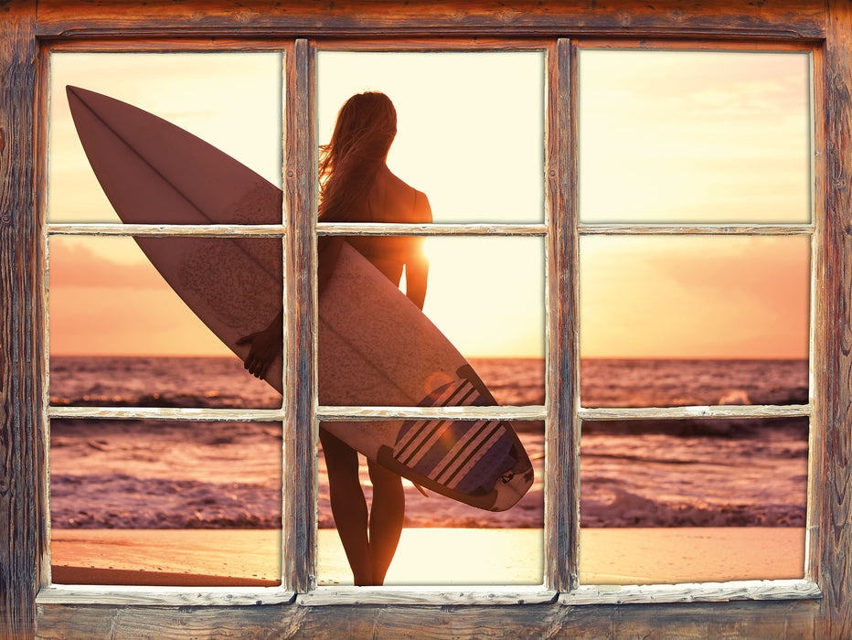 Surferin vor Sonnenuntergang  3D Wandtattoo Fenster