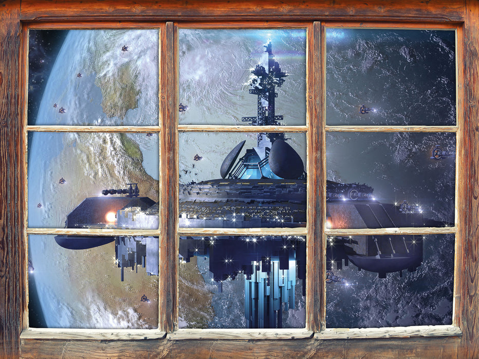 Raumschiff vor der Erde  3D Wandtattoo Fenster