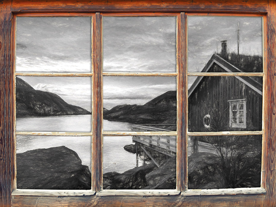 Sonnenaufgang am Fjord Norwegens B&W 3D Wandtattoo Fenster