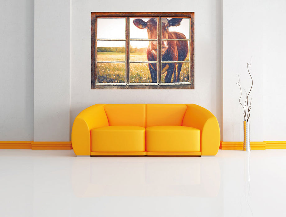 Kuh auf Butterblumenwiese 3D Wandtattoo Fenster Wand