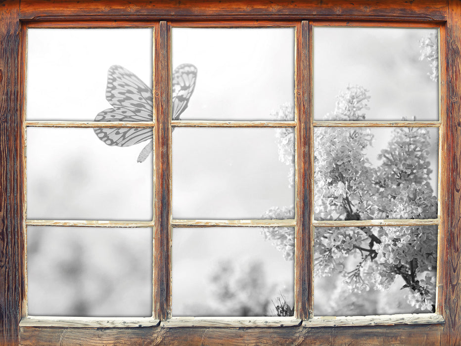 Schmetterling Kirschblüten B&W 3D Wandtattoo Fenster