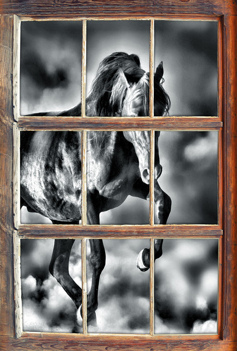 Schwarzes Pferd B&W 3D Wandtattoo Fenster