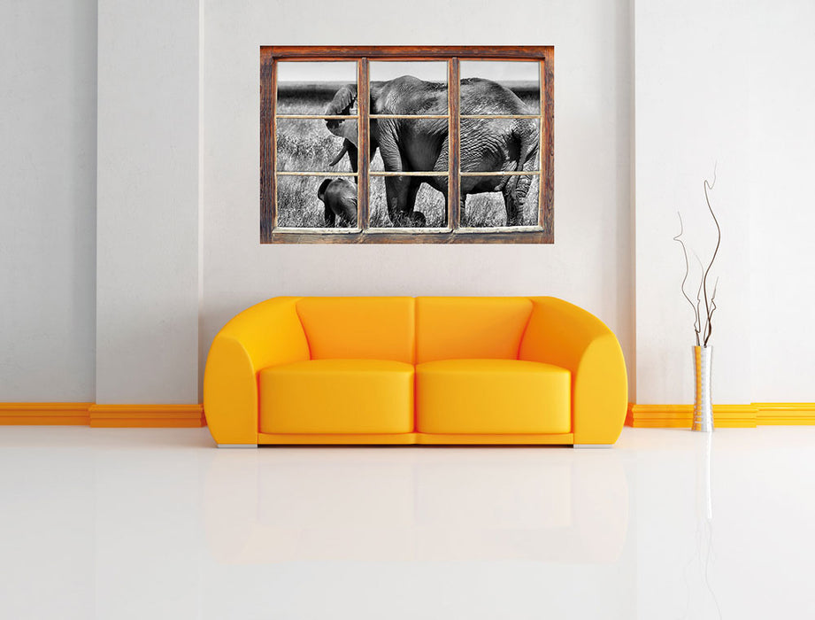 Elefantenweibchen mit Jungtier 3D Wandtattoo Fenster Wand