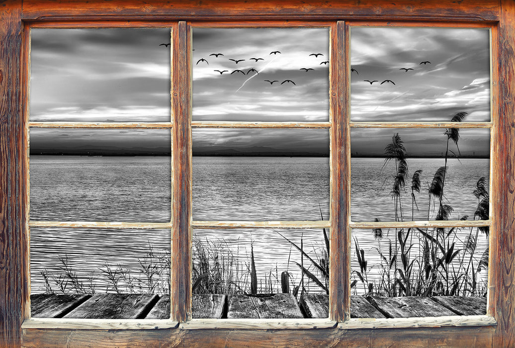 Steg mit Ausblick aufs Meer B&W 3D Wandtattoo Fenster