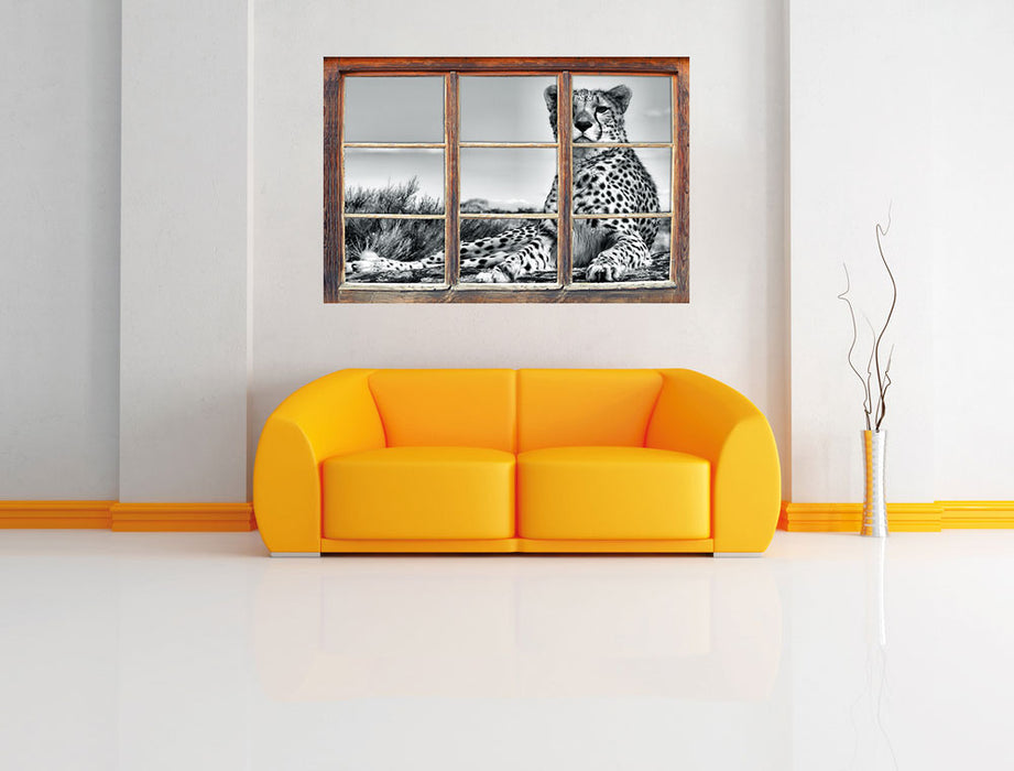 Gepard in Savanne B&W 3D Wandtattoo Fenster Wand