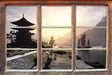 asiatischer Tempel an Fluss B&W 3D Wandtattoo Fenster