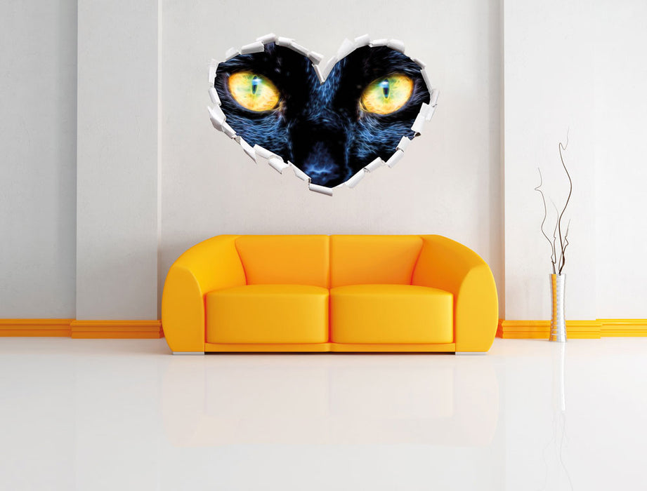 Schwarze Katze mit gelben Augen 3D Wandtattoo Herz Wand