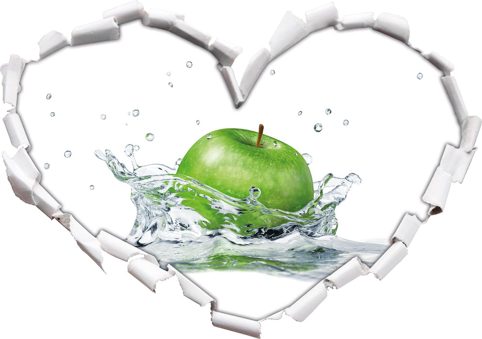 Grüner Apfel fällt in Wasser 3D Wandtattoo Herz