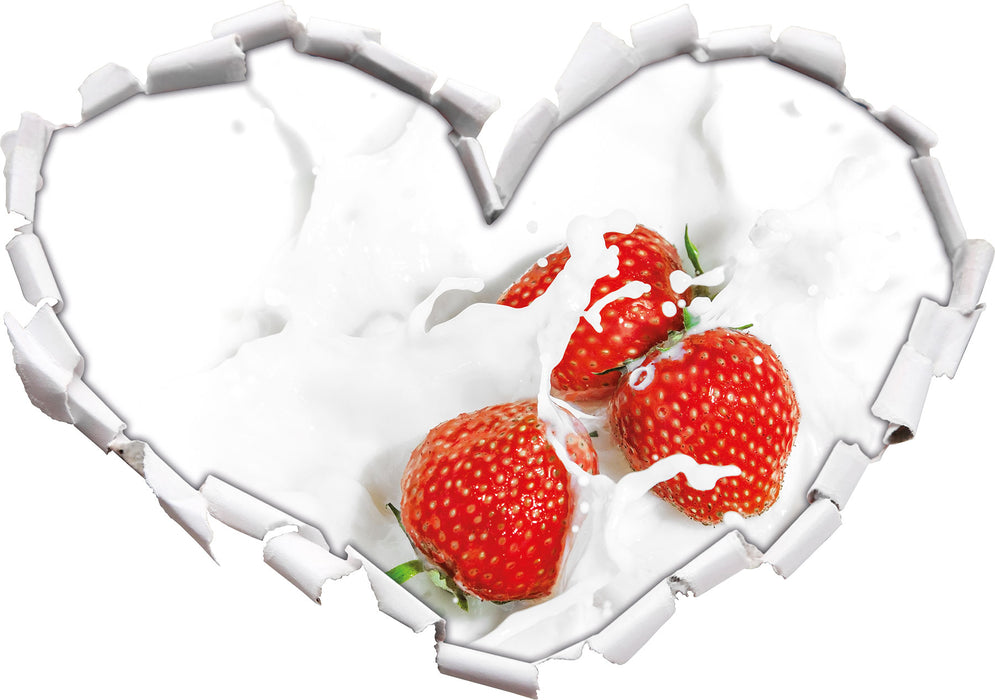 Leckere Erdbeeren in Milch  3D Wandtattoo Herz