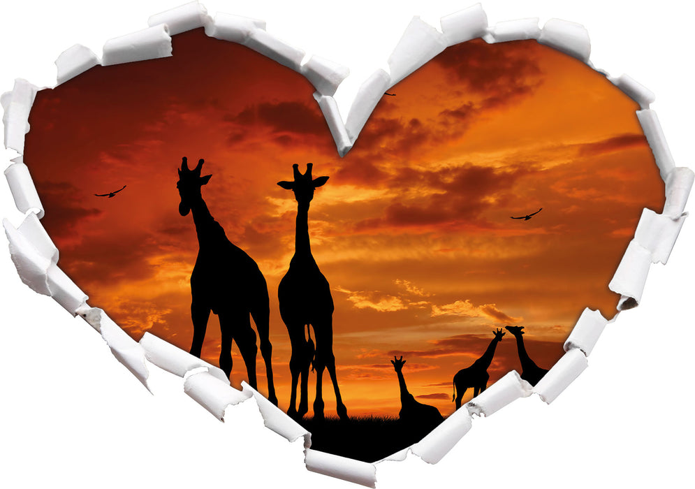 Afrika Giraffen im Sonnenuntergang  3D Wandtattoo Herz