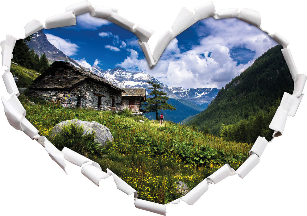 Wunderschöne Berghütte  3D Wandtattoo Herz