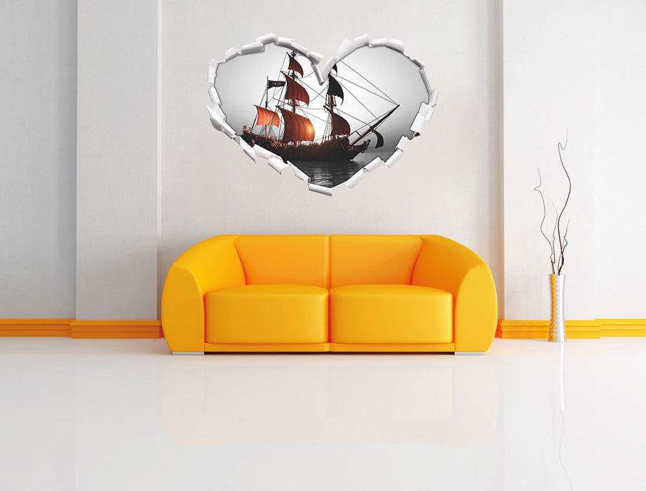 Gewaltiges Segelschiff 3D Wandtattoo Herz Wand