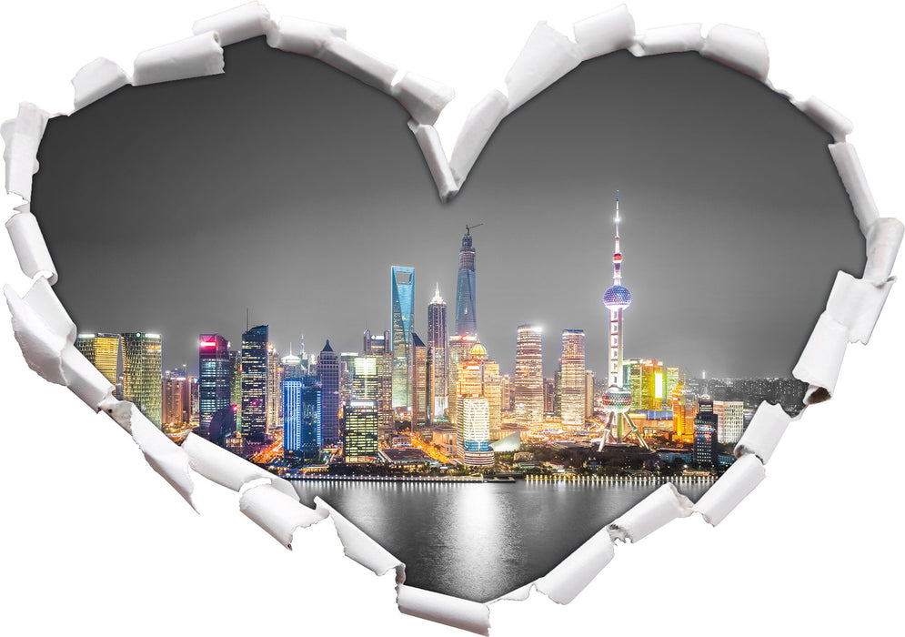 Shanghai Skyline bei Nacht 3D Wandtattoo Herz