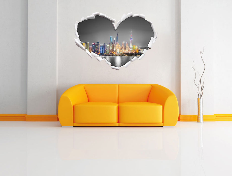 Shanghai Skyline bei Nacht 3D Wandtattoo Herz Wand