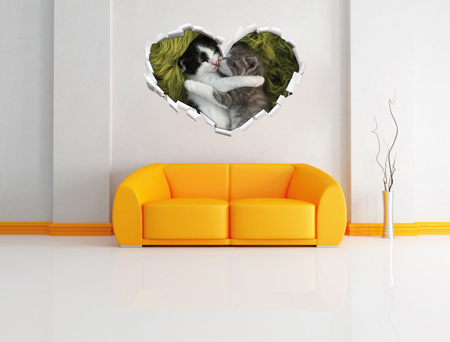 Zwei kuschelnde Kätzchen 3D Wandtattoo Herz Wand