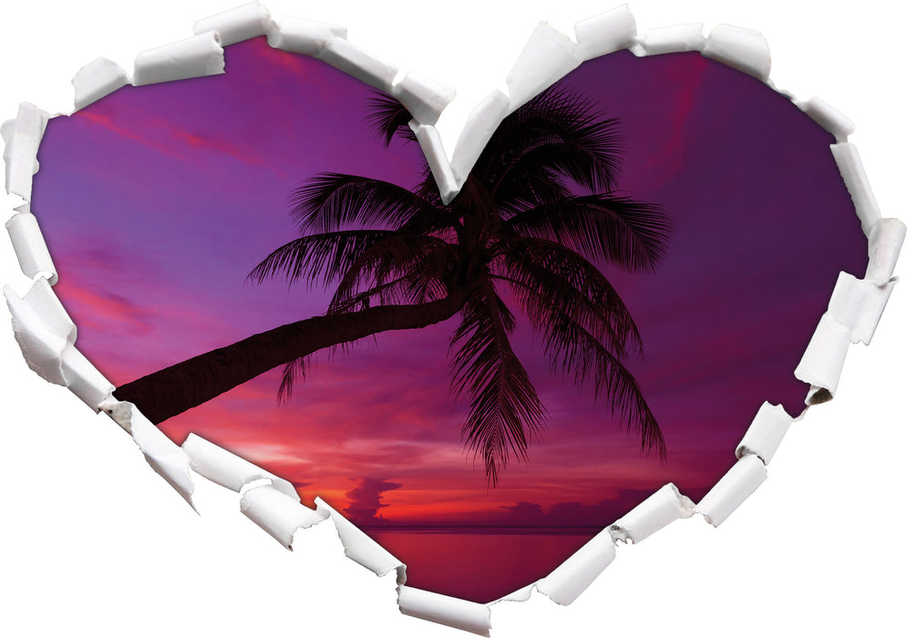 Palme am Meer mit Sonnenuntergang  3D Wandtattoo Herz