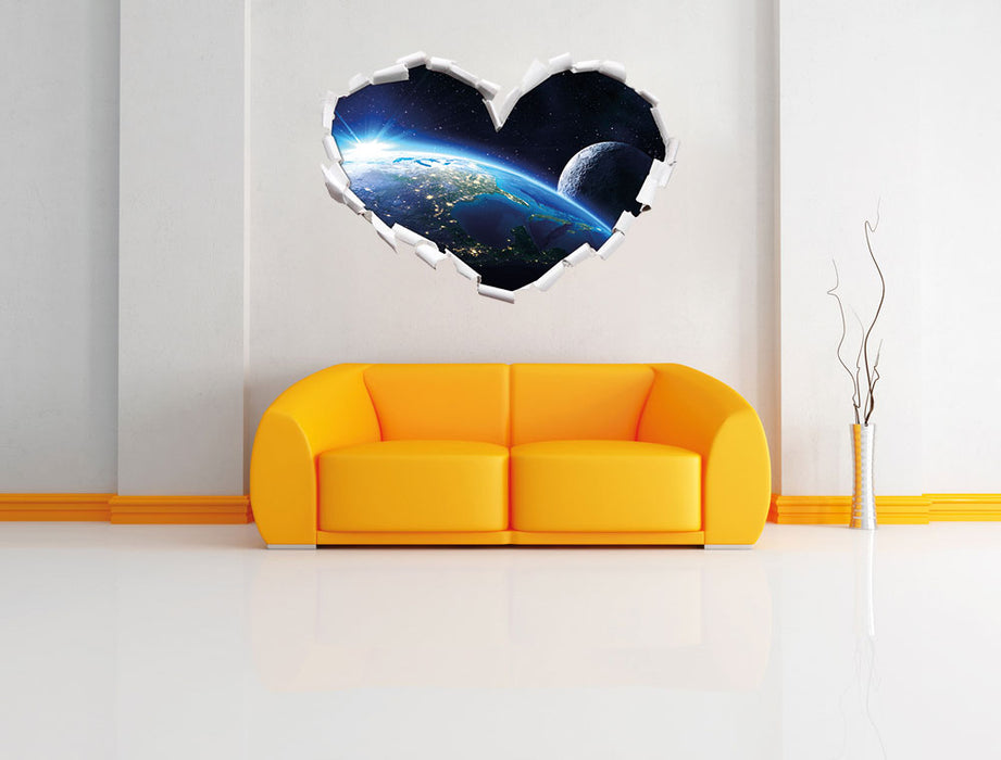 Erde und Mond im All 3D Wandtattoo Herz Wand