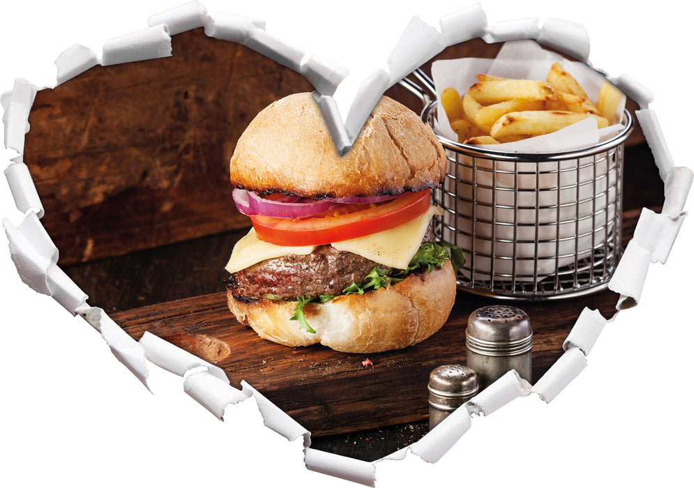 Cheesburger mit Pommes  3D Wandtattoo Herz