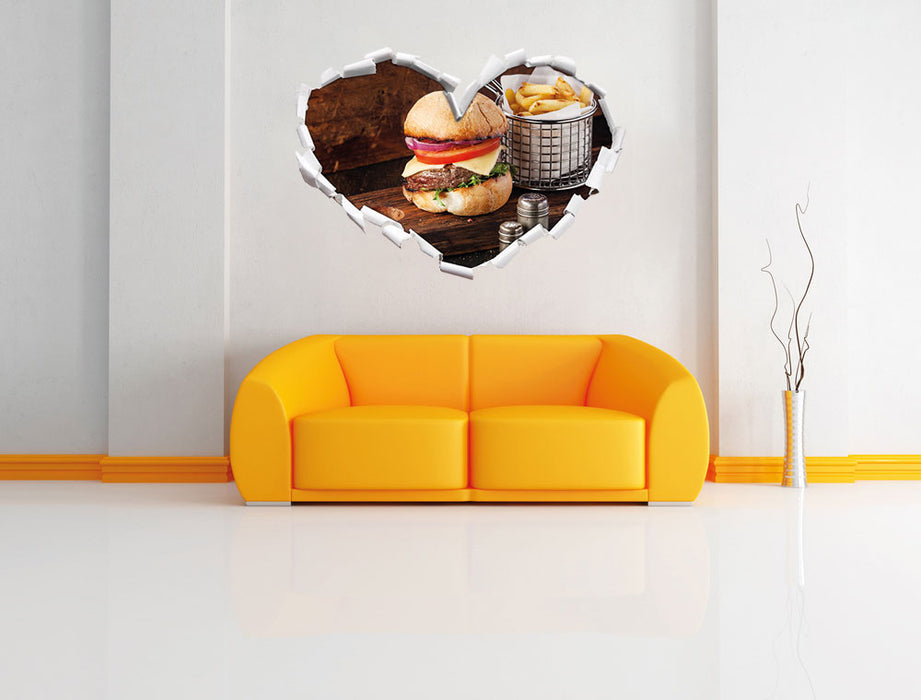 Cheesburger mit Pommes 3D Wandtattoo Herz Wand