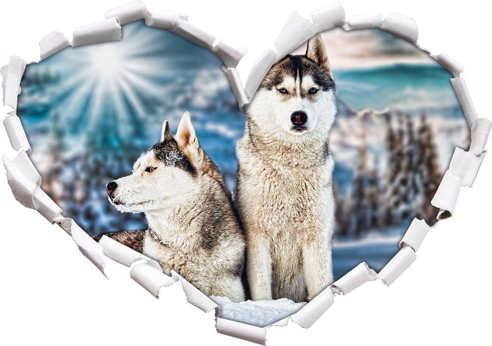 Zwei wilde Huskies 3D Wandtattoo Herz