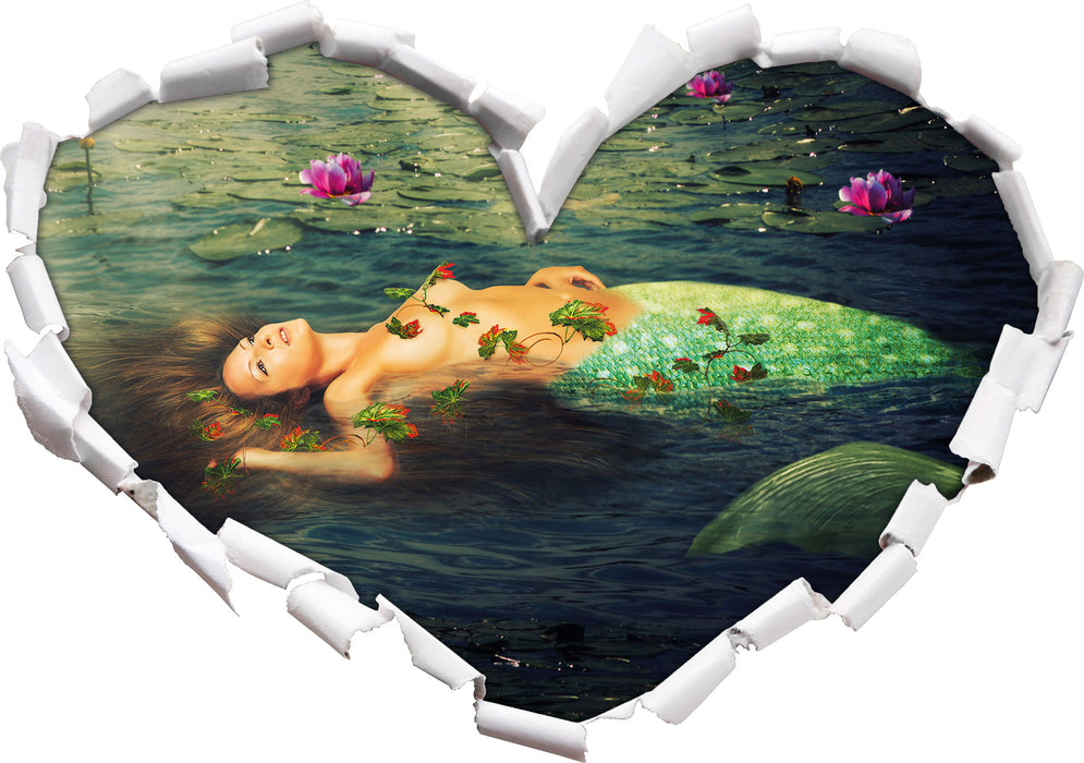 Meerjungfrau im Wasser liegend  3D Wandtattoo Herz