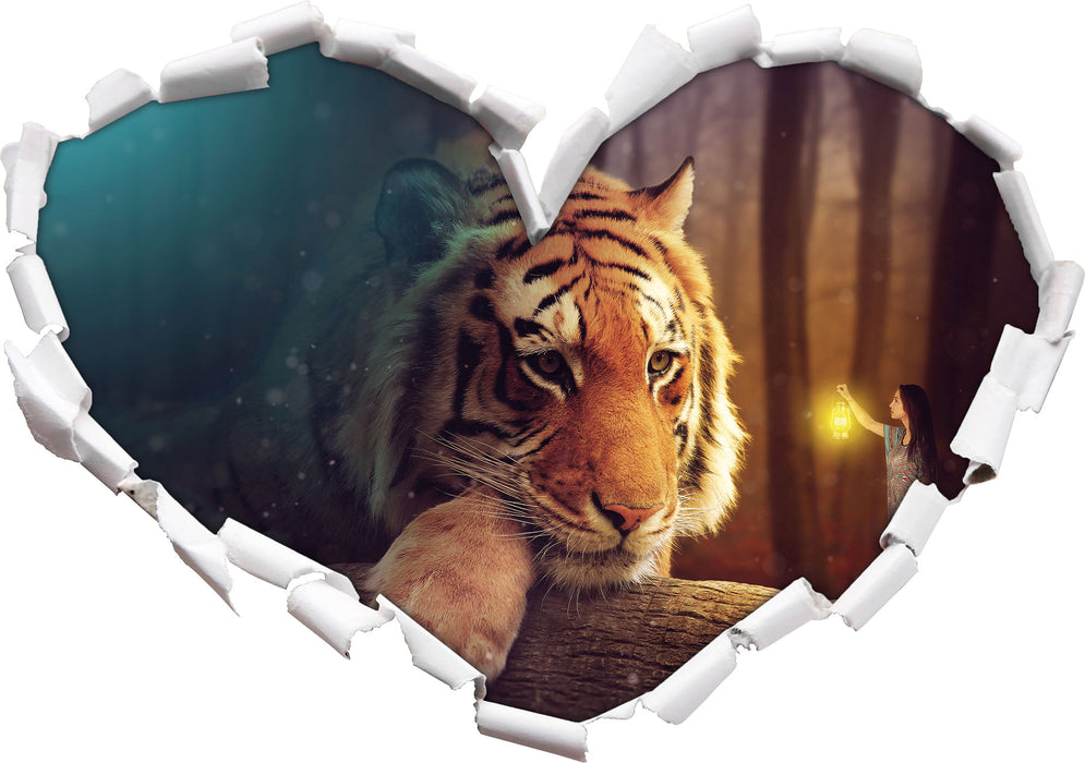 Eine Frau und ein Riesen-Tiger  3D Wandtattoo Herz