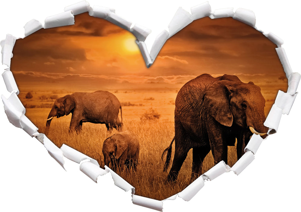 Elefanten in der Savanne  3D Wandtattoo Herz