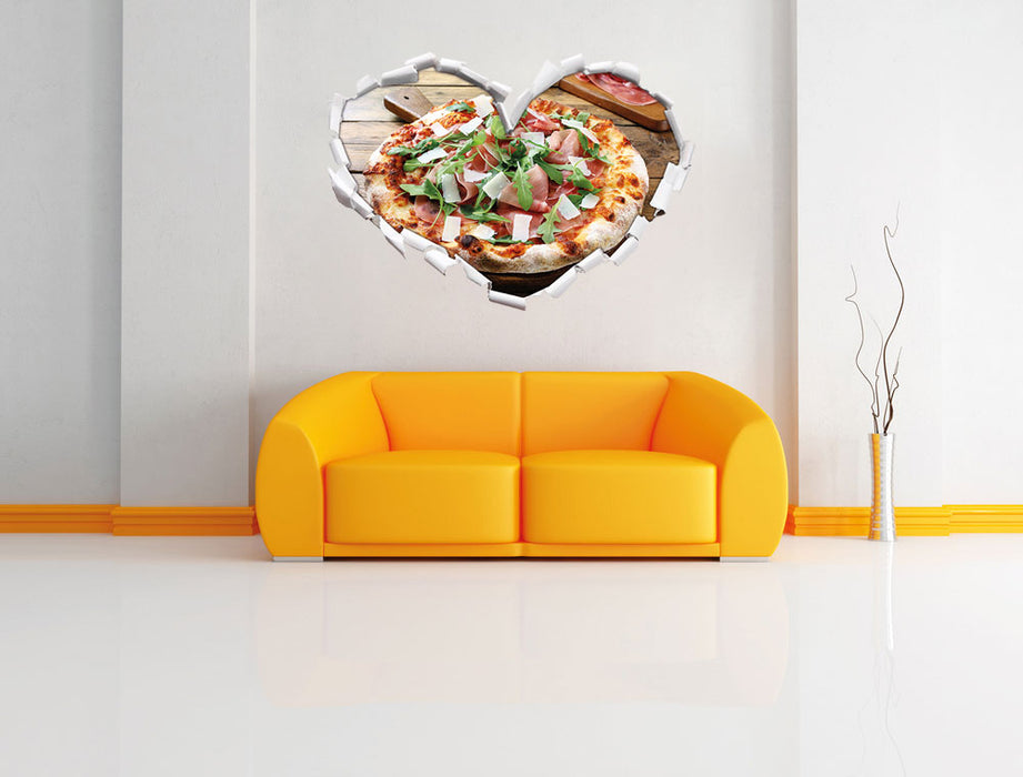 Prosciutto Pizza auf Holztisch 3D Wandtattoo Herz Wand