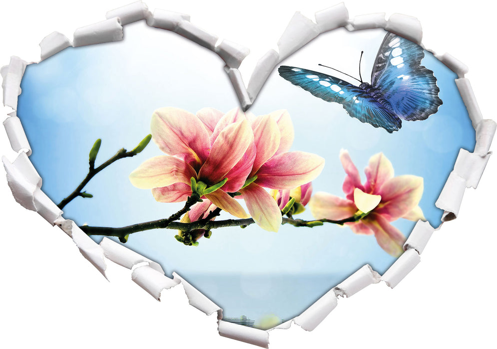 Schmetterling mit Magnolien-Blüte 3D Wandtattoo Herz