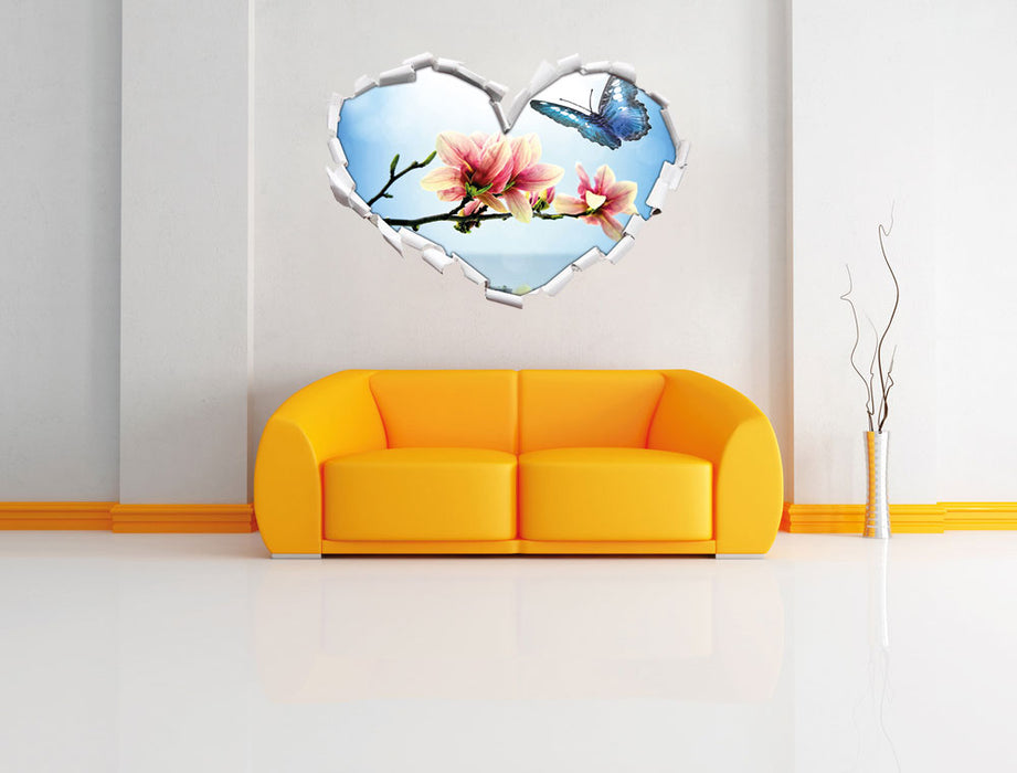 Schmetterling mit Magnolien-Blüte 3D Wandtattoo Herz Wand