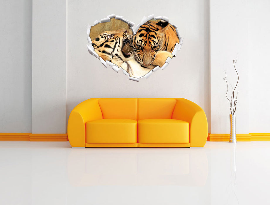 Zwei junge Tiger beim Kämpfen 3D Wandtattoo Herz Wand