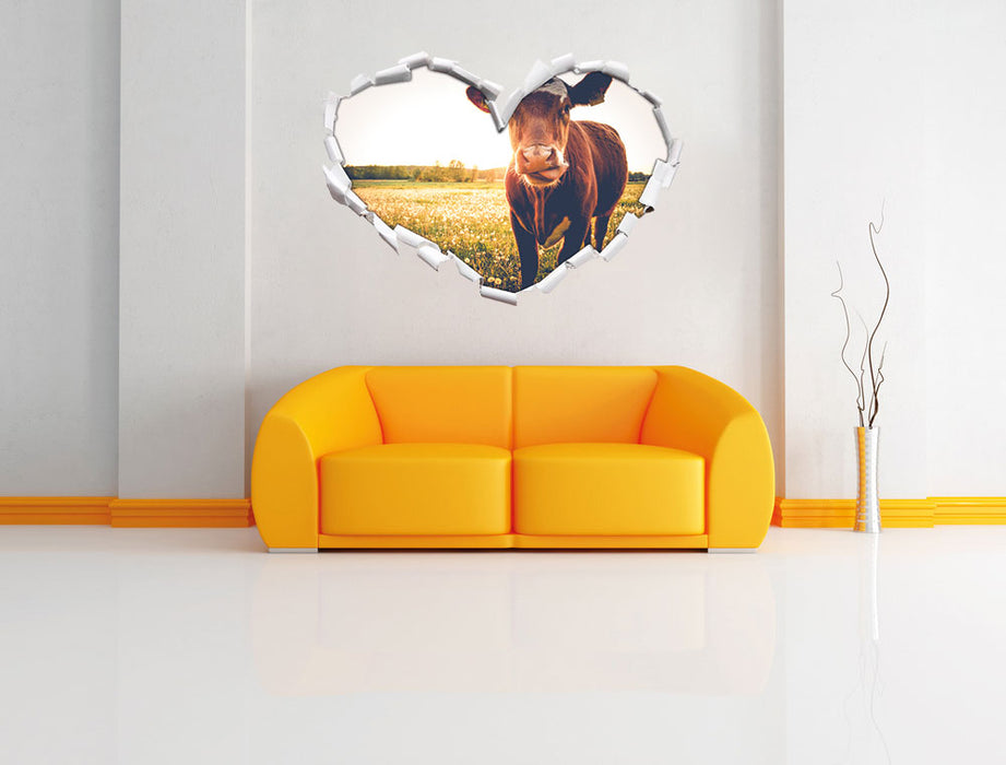 Kuh auf Blumenwiese 3D Wandtattoo Herz Wand