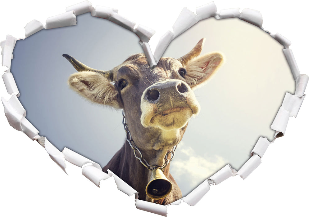Lustiges Portrait einer Kuh 3D Wandtattoo Herz