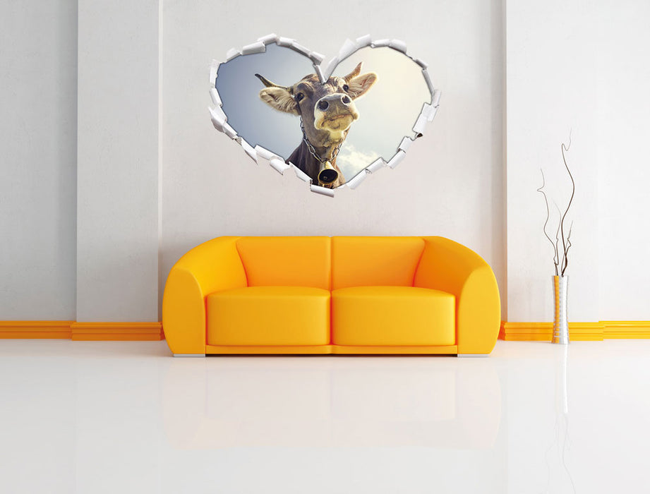 Lustiges Portrait einer Kuh 3D Wandtattoo Herz Wand