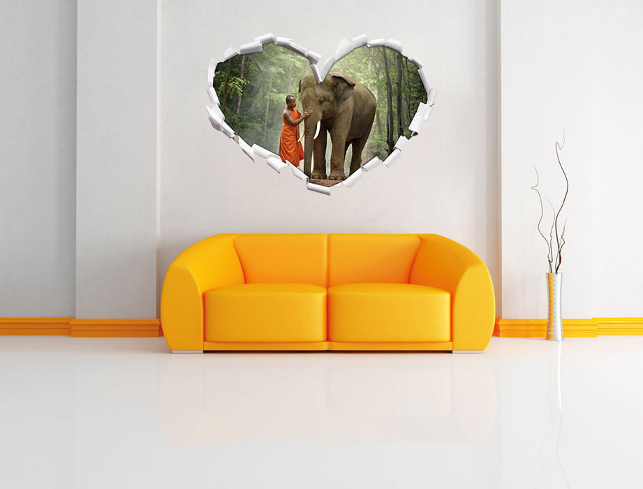 wunderschöner Elefant mit Mönch 3D Wandtattoo Herz Wand