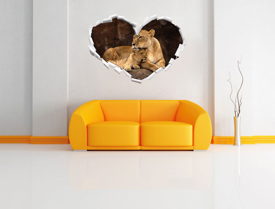 Löwe mit Löwenjungen 3D Wandtattoo Herz Wand