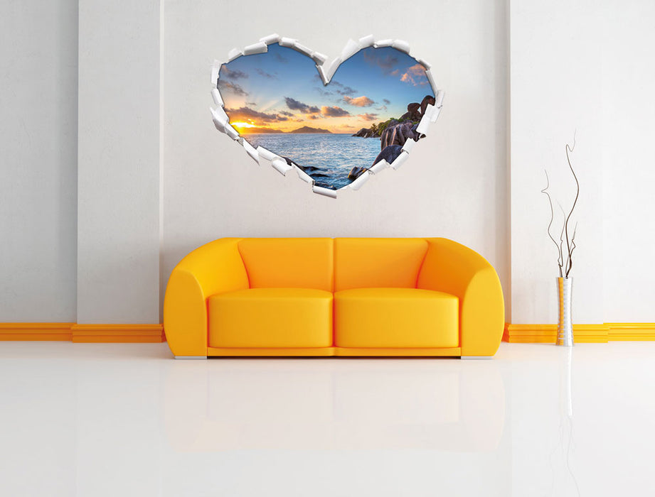 Sonnenuntergang Seychellen 3D Wandtattoo Herz Wand