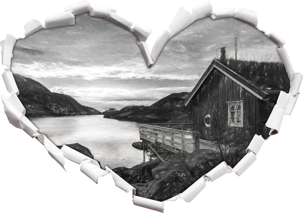 Sonnenaufgang am Fjord Norwegens B&W 3D Wandtattoo Herz