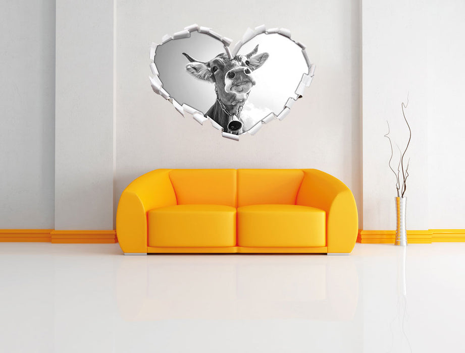 Portrait einer Kuh B&W 3D Wandtattoo Herz Wand