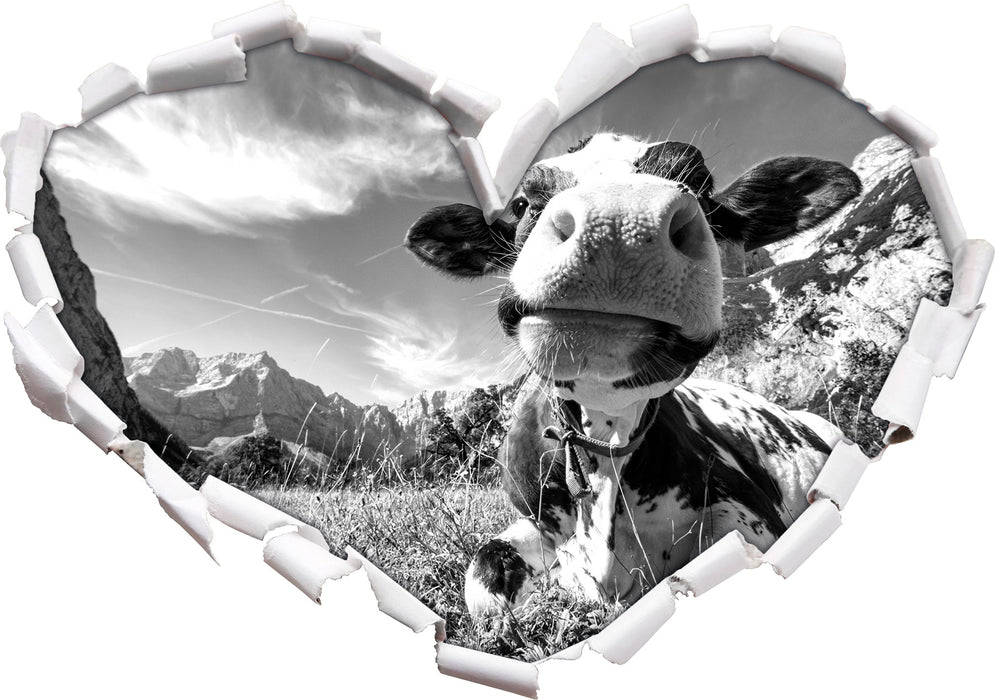 Kuh im Karwendelgebirge Kunst B&W 3D Wandtattoo Herz