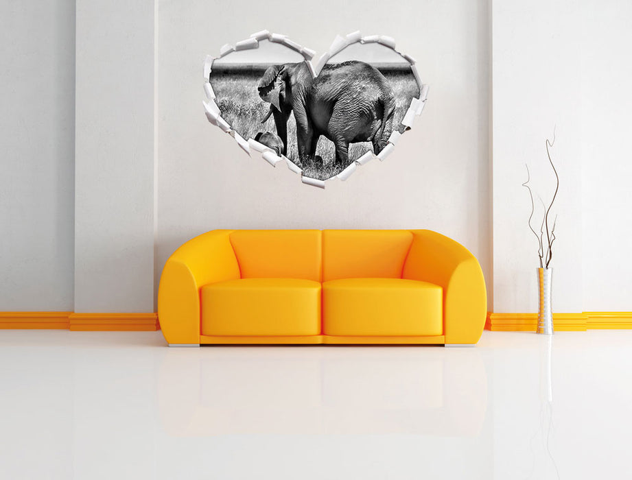 Elefantenweibchen mit Jungtier 3D Wandtattoo Herz Wand