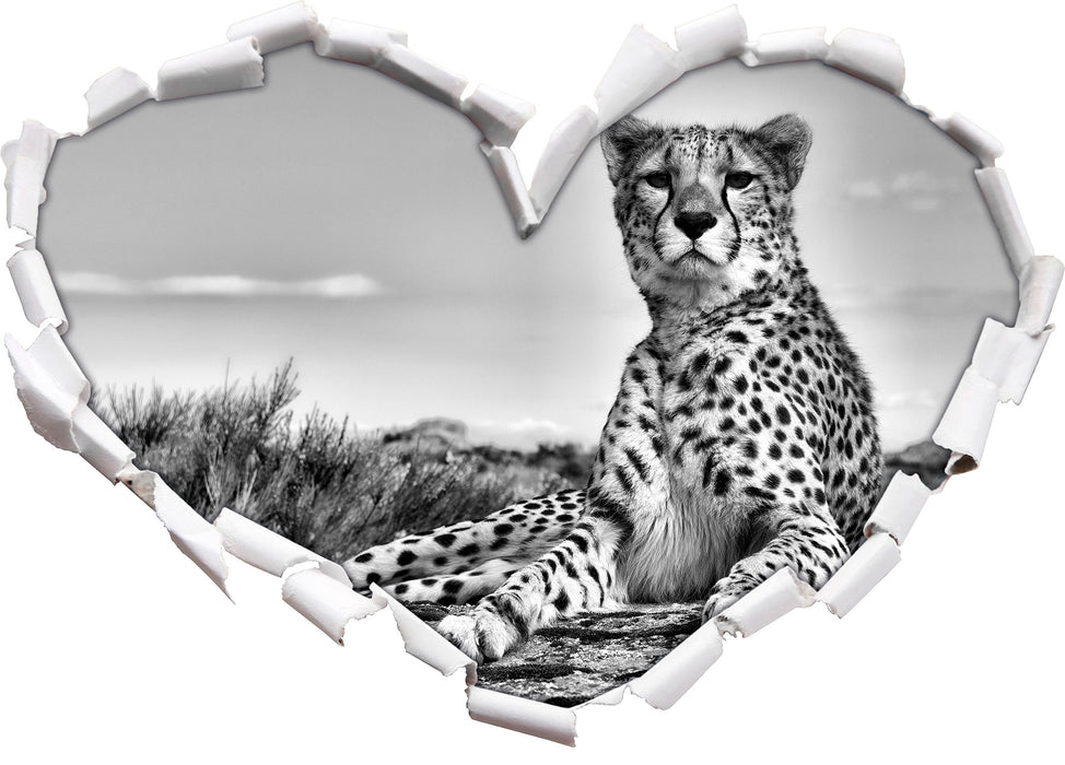 Gepard in Savanne B&W 3D Wandtattoo Herz